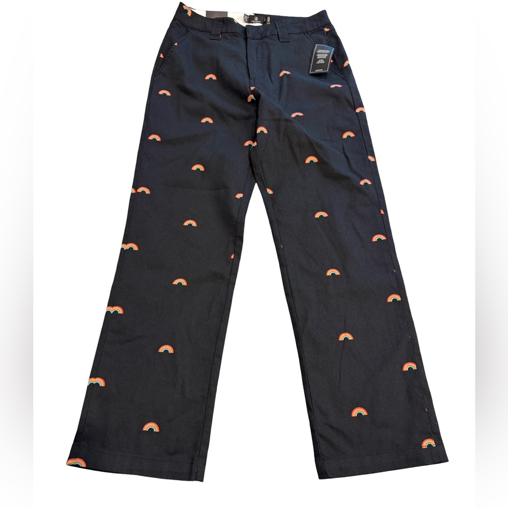 Volcom Frochickie Boyfriend Pants Women’s Size 25 Black Rainbow Print NWT